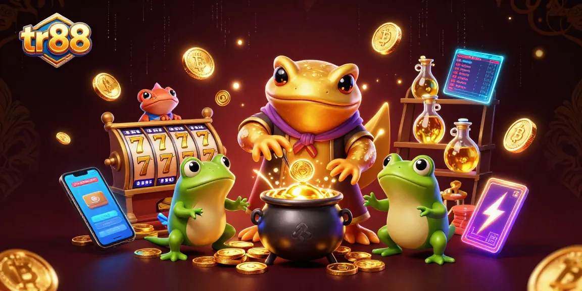 tr88 players enjoy exciting slot games in a vibrant 3D casino scene with golden elements