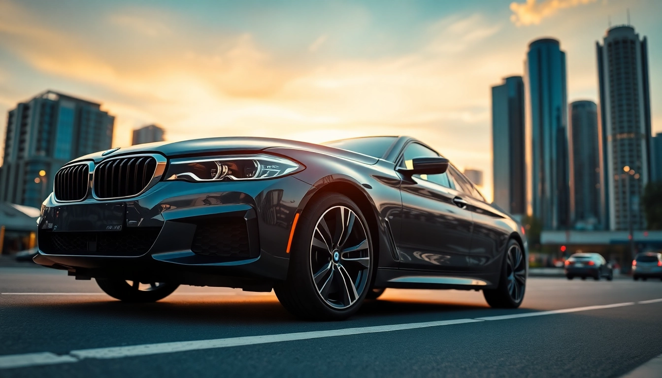 Showcasing a Luxury BMW car against a vibrant city skyline at sunset.