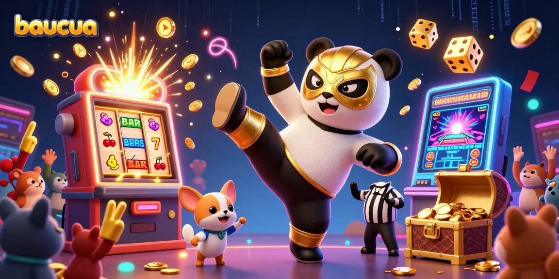 baucua game characters celebrate a jackpot with coins exploding in a vibrant 3D scene.