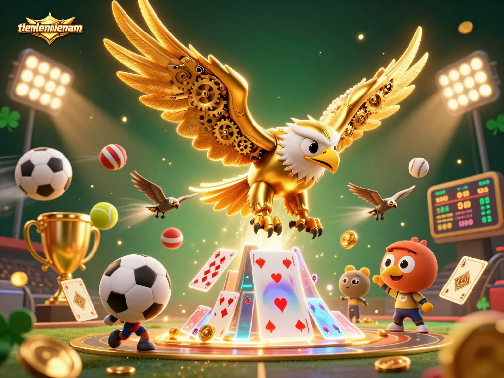 Tie in the action with tienlenmiennam in a bustling casino scene featuring a golden eagle, sports balls, and dynamic game elements.