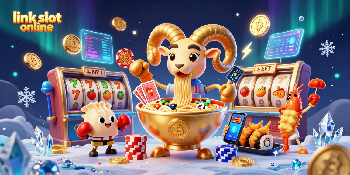 Karakter menarik dalam link slot online dengan simbol buah, kartu, dan chip di sekitar mereka.