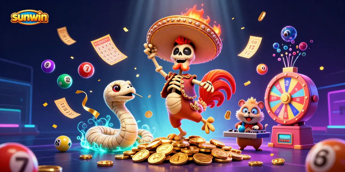Advance your game at sunwin with a dynamic illustration of an animated casino scene, featuring a colorful party atmosphere.