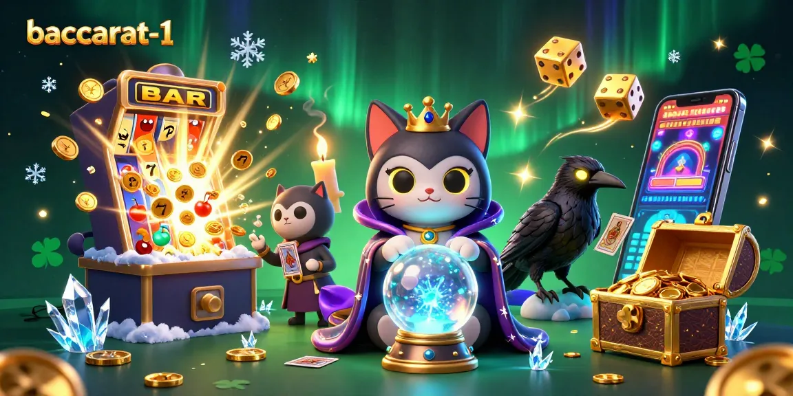 Baccarat-1's enchanting casino scene featuring a tarot raven, fortune-telling cat, and vibrant slot machine action.