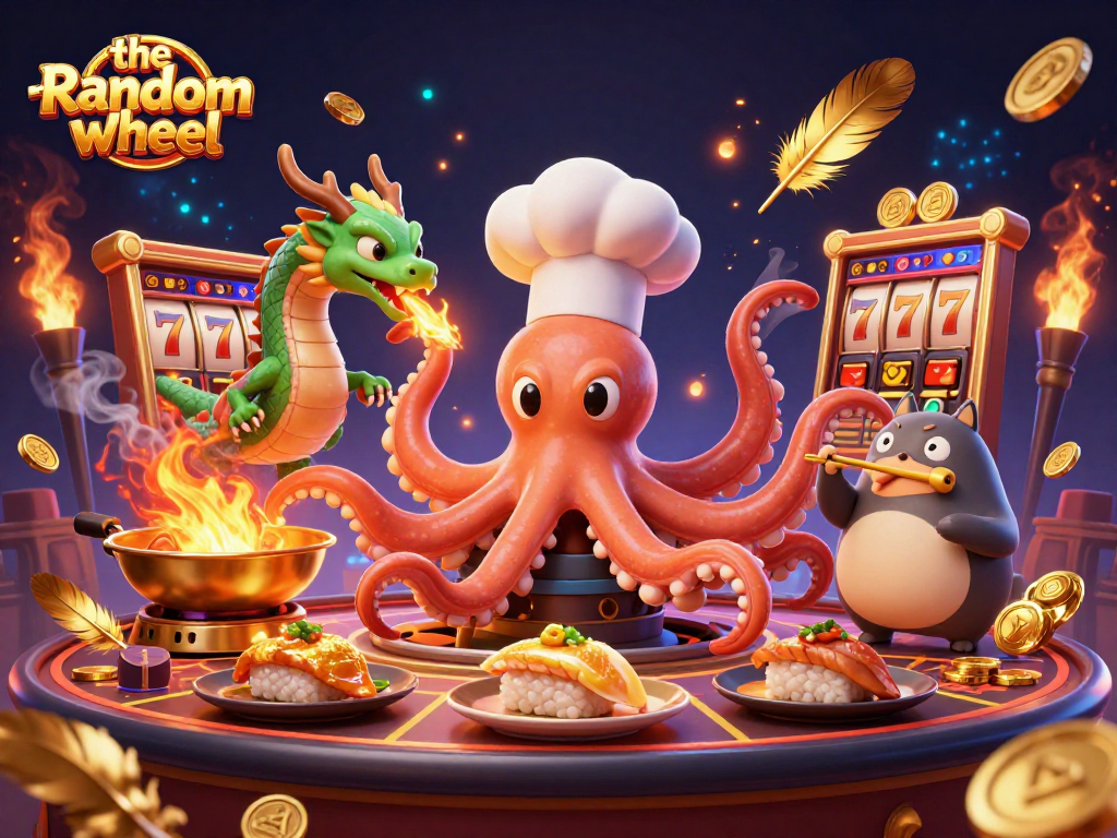 Experience thrilling spins with the-random-wheel featuring a sushi chef octopus and lucky dragon in a vibrant casino.