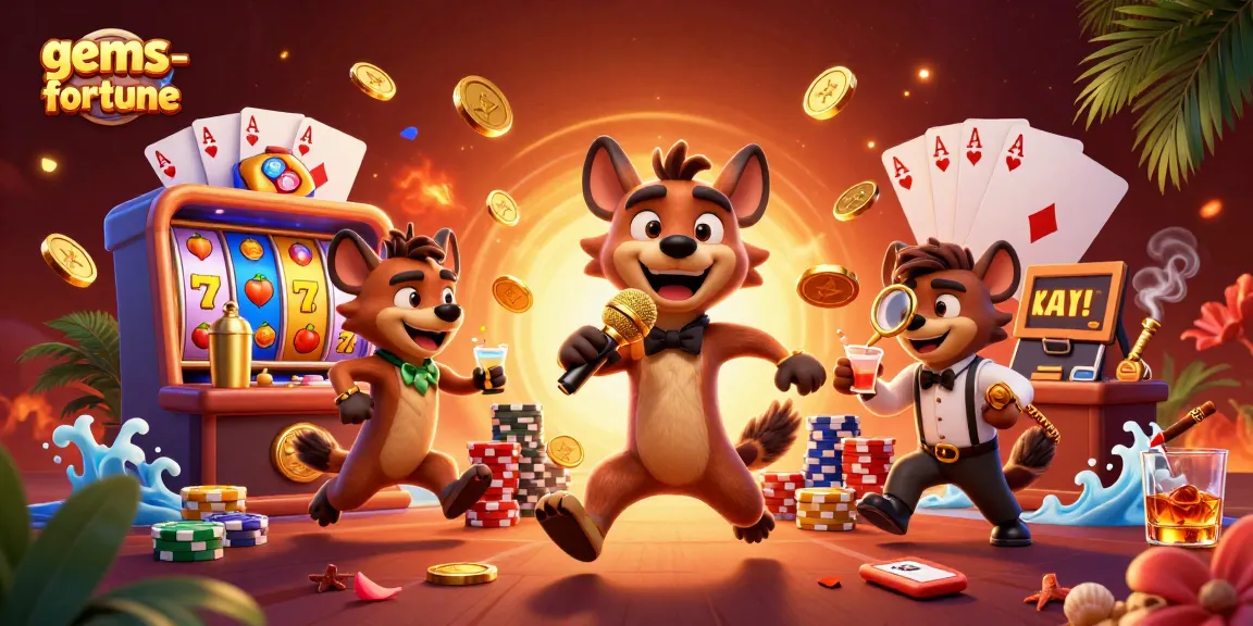 Engage with gems-fortune casino excitement featuring vibrant slot action and comedic hyena characters.