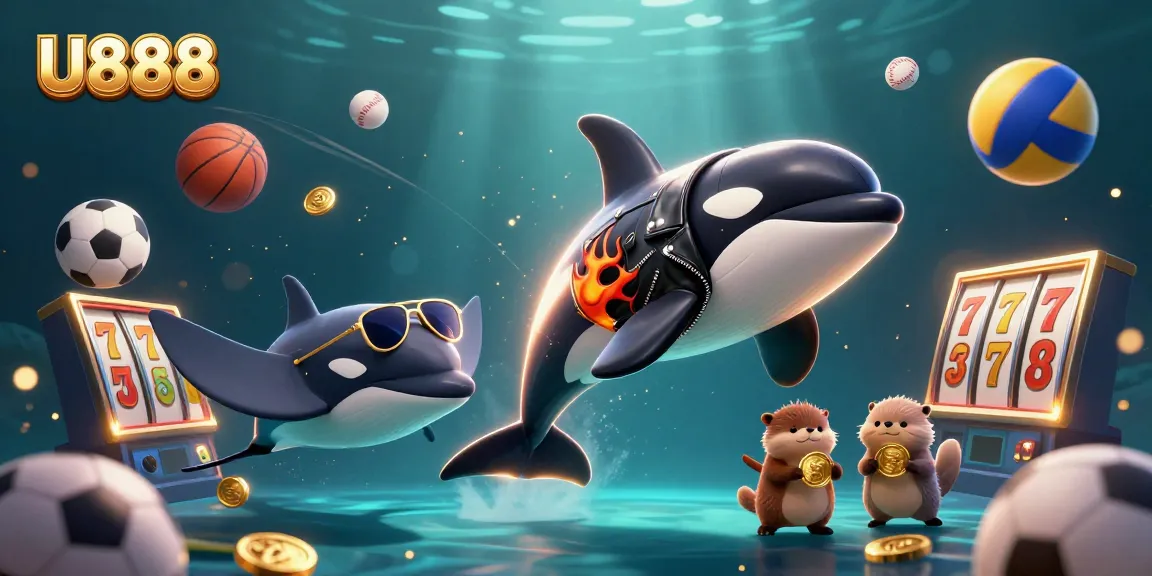U888 showcases an exciting underwater scene with an orca and stingray, surrounded by slot machine elements, bringing vibrant energy.