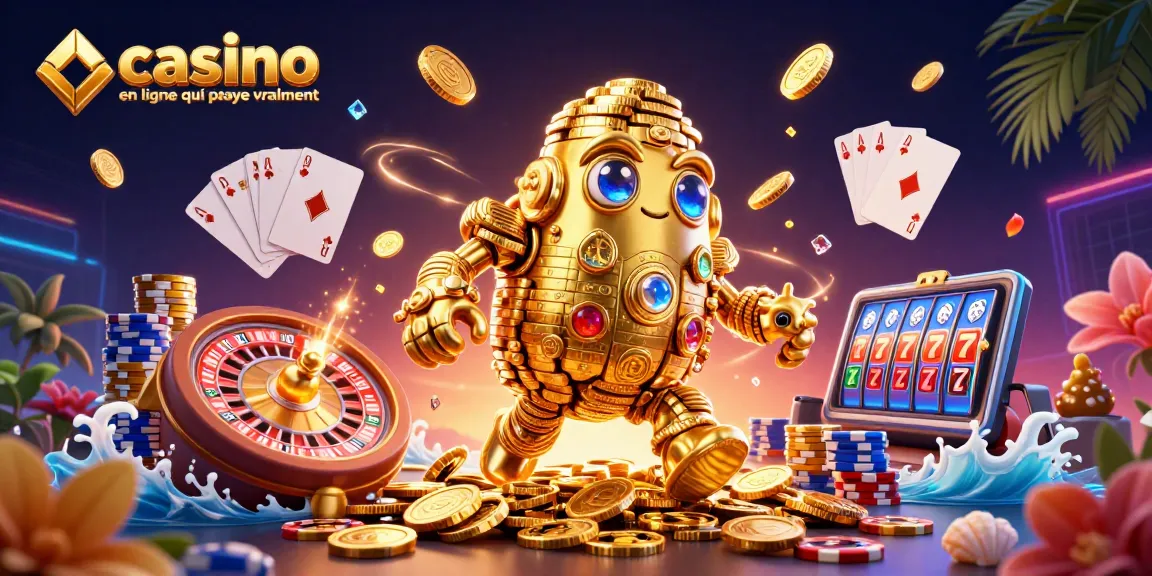 Illustration démontrant le concept de casino en ligne qui paye vraiment avec des pièces d'or et des jeux emblématiques.
