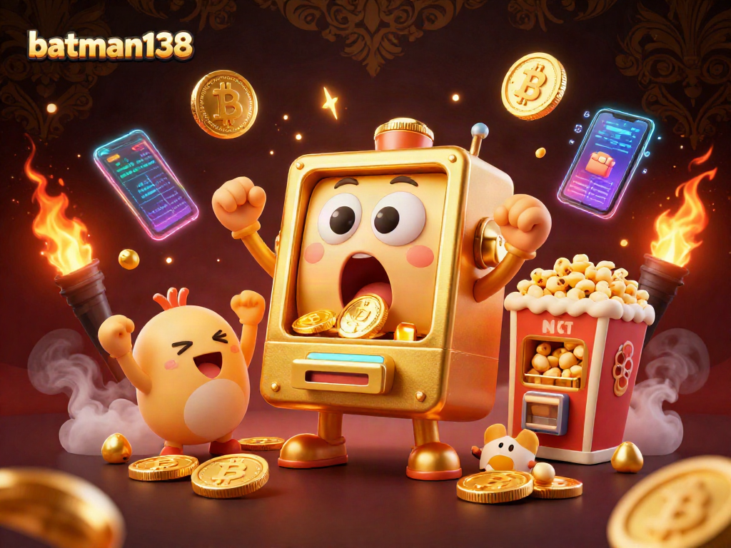 mesin slot batman138 memutar jackpot emas dan mengeluarkan koin, dikelilingi oleh elemen kasino yang menarik