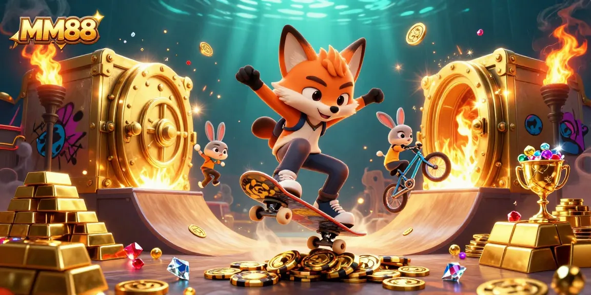 Experience the excitement at MM88 with a vibrant casino scene featuring dynamic characters and gold-rich visuals.