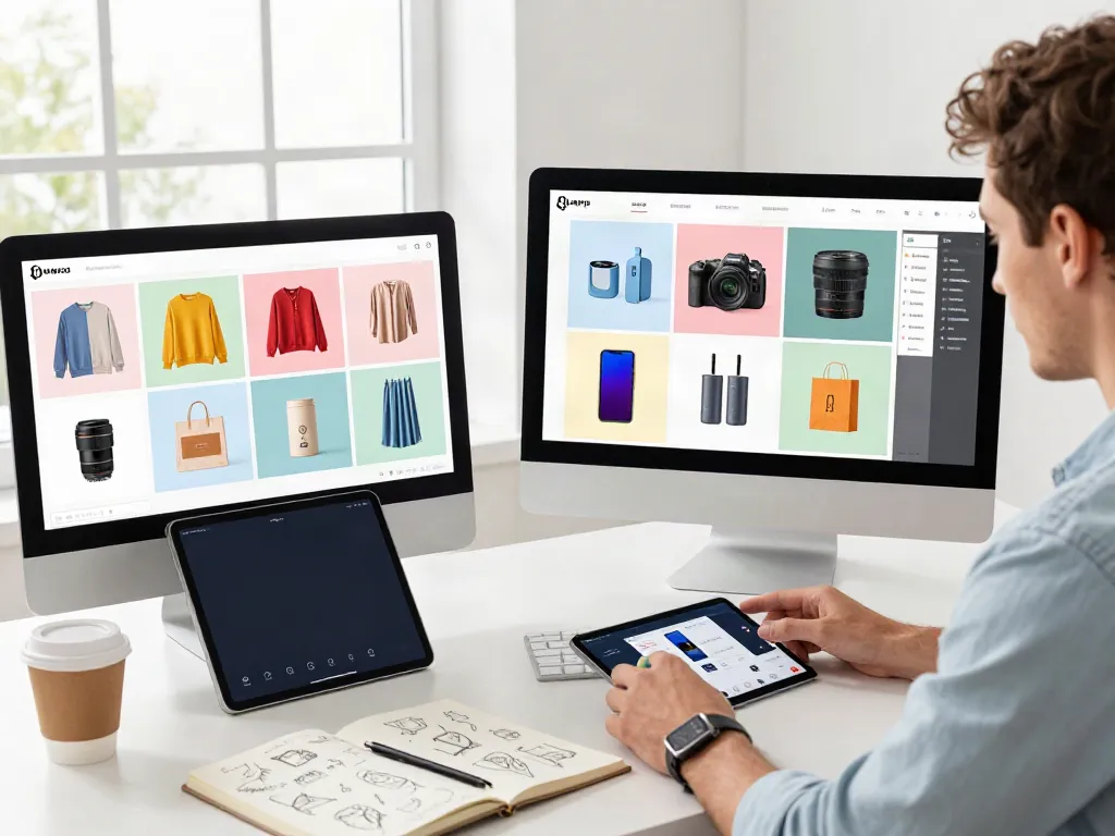 Creating stunning visuals with an AI product photo generator in a bright e-commerce workspace.