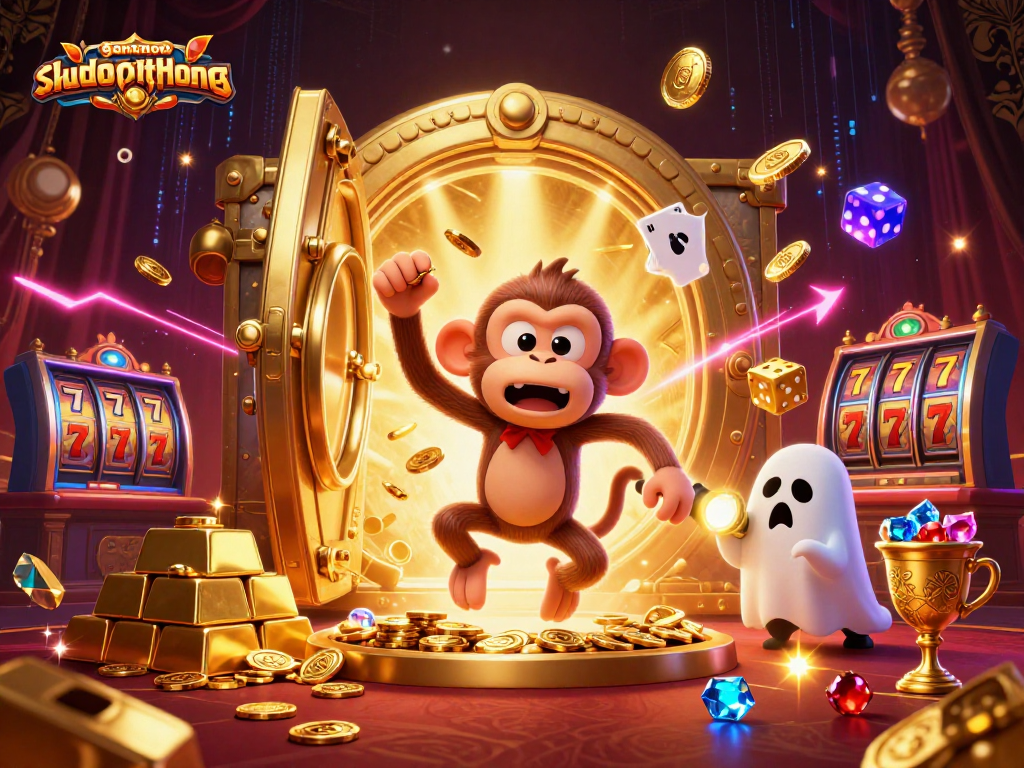 Exciting scene of gambling with "gamenohudoithuong" as golden elements and characters dynamically interact.