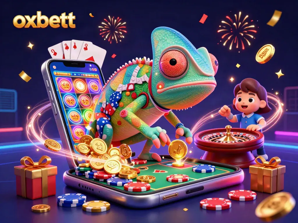 Experience the thrilling action at oxbett with a vibrant chameleon casino owner amidst colorful games.