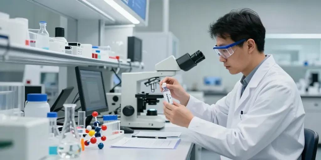 Scientist in a lab coat handling SwissChems peptides in a bright lab environment.