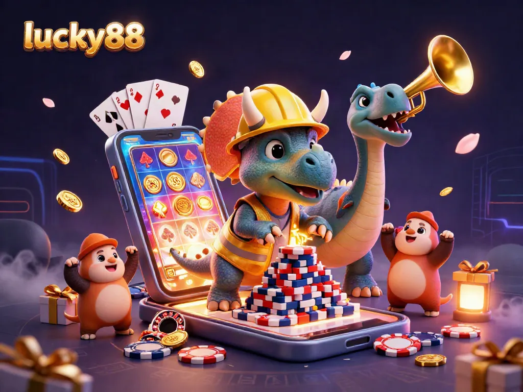 Experience lucky88 with a vibrant 3D scene of a triceratops building poker chips among casino elements.