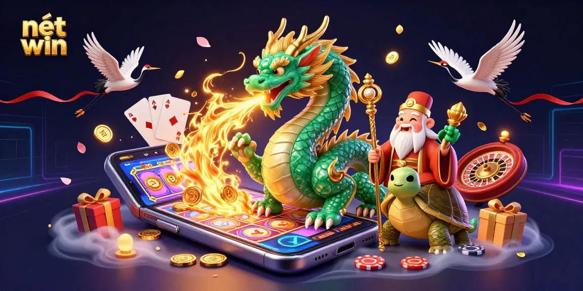 Experience the excitement of nét win gaming with a vibrant scene featuring a jade dragon and dynamic casino elements.