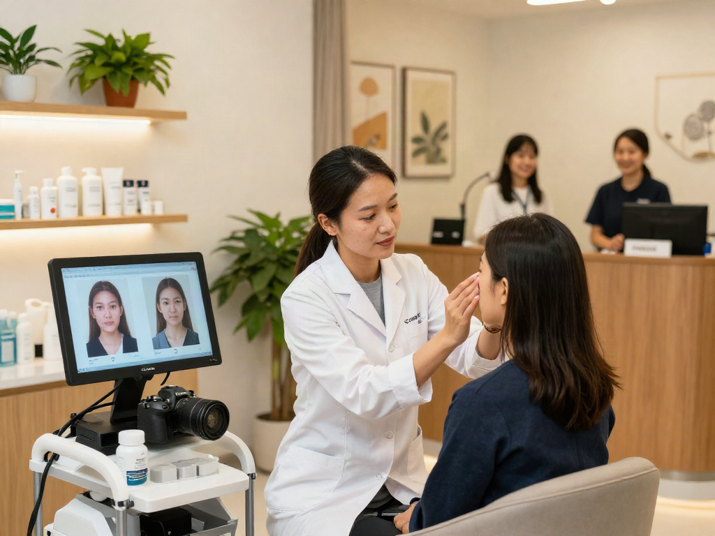 Client receiving personal facial analysis in ClinicEvo vs QOVES comparison, featuring modern clinic ambiance.