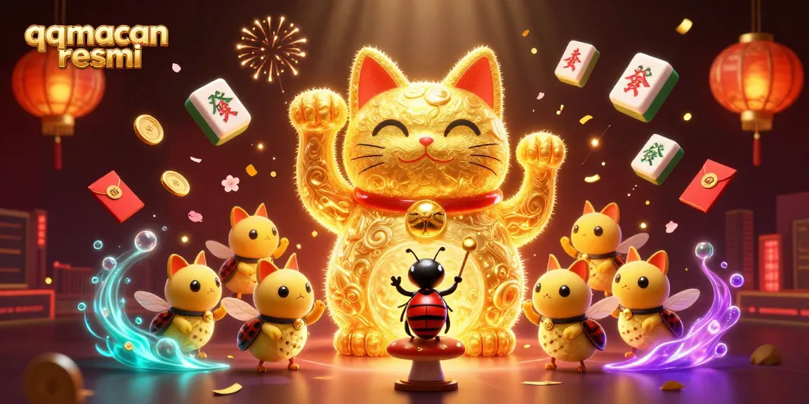 Experience vibrant gambling fun with the qqmacan resmi lucky cat surrounded by festive casino elements.