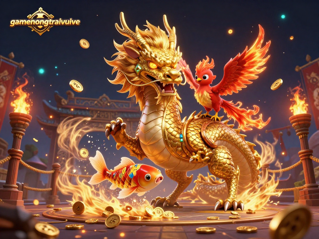 Bettors embrace fortune with gamenongtraivuive, showcasing an epic scene of a dragon, phoenix, and koi fish amidst casino glory.