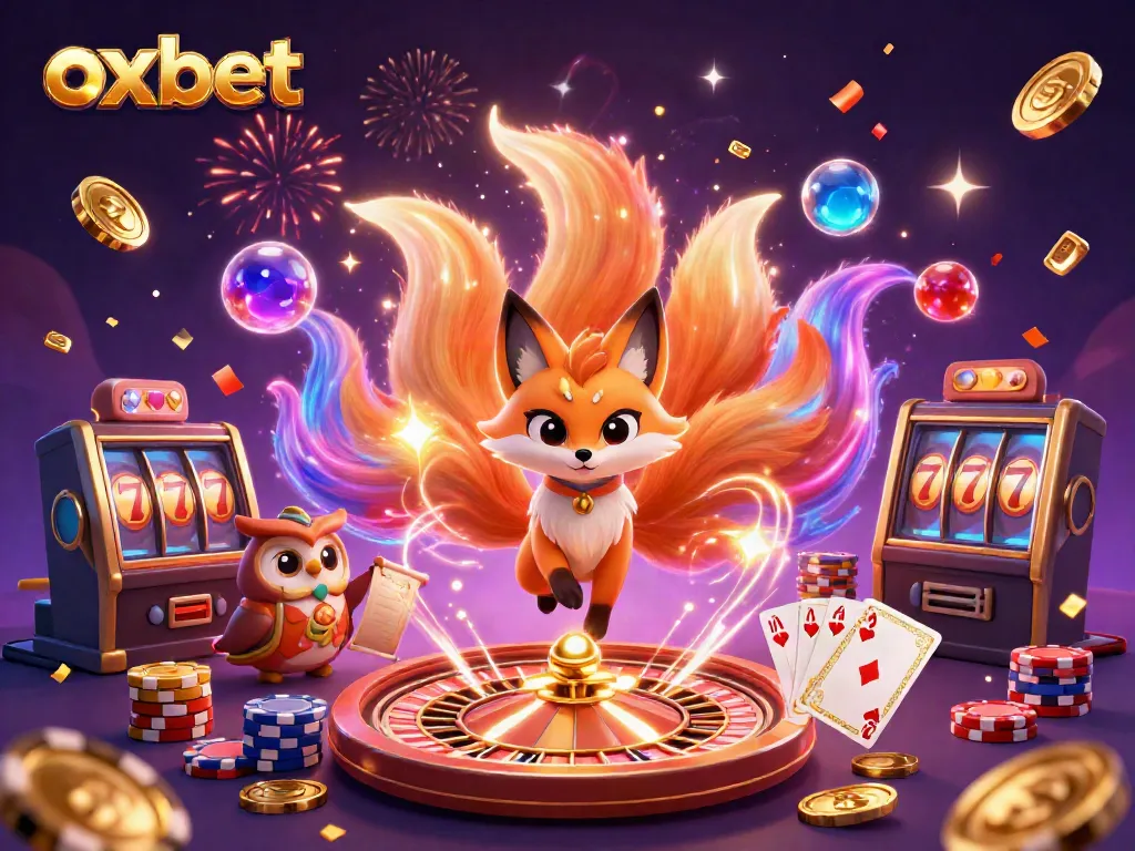 Experience the vibrant casino world with OXBET featuring a magical fox spirit and wise owl.