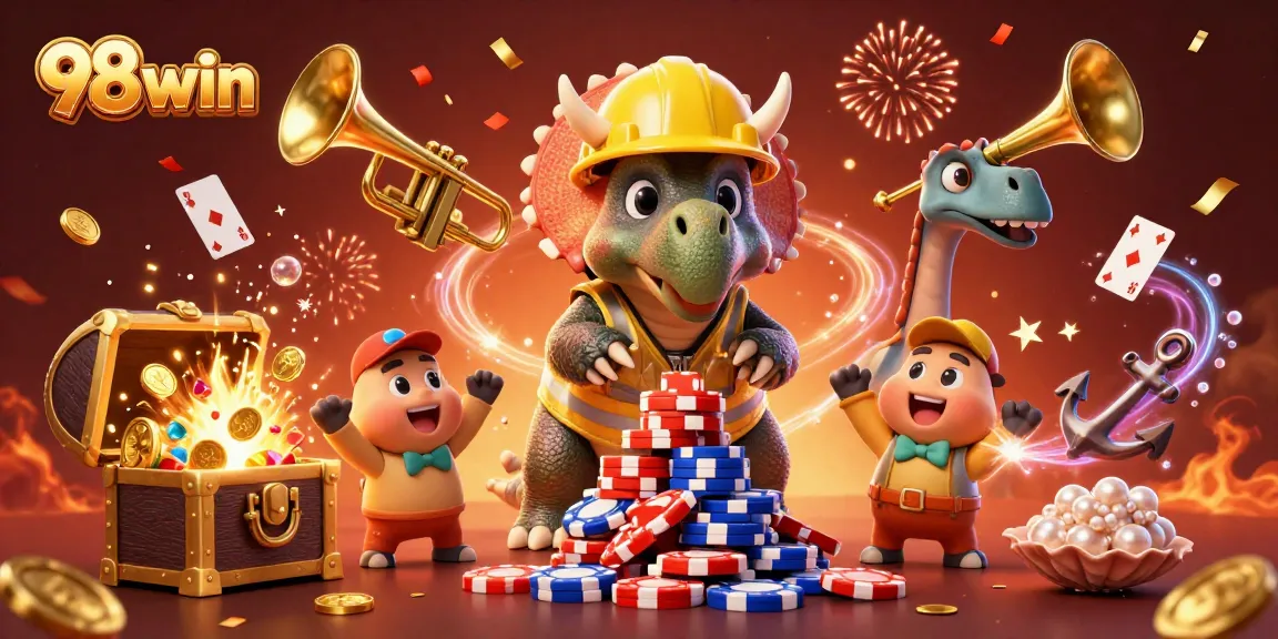 Engage in exciting gameplay at 98win with vibrant characters building poker chip towers amidst celebration elements.