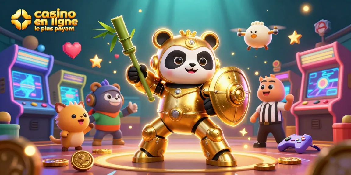 Illustration vibrante pour le casino en ligne le plus payant avec panda doré en robot et éléments de jeu
