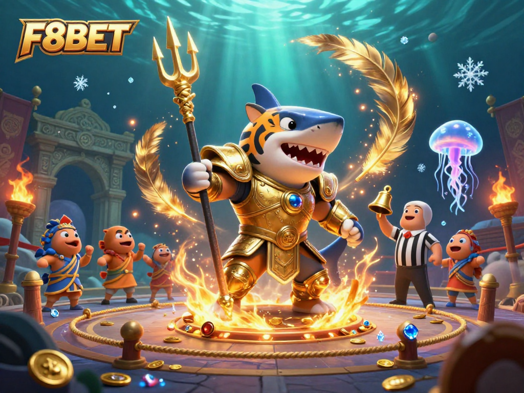 Experience the thrilling underwater showdown at F8BET with a gladiator shark and lively waters.