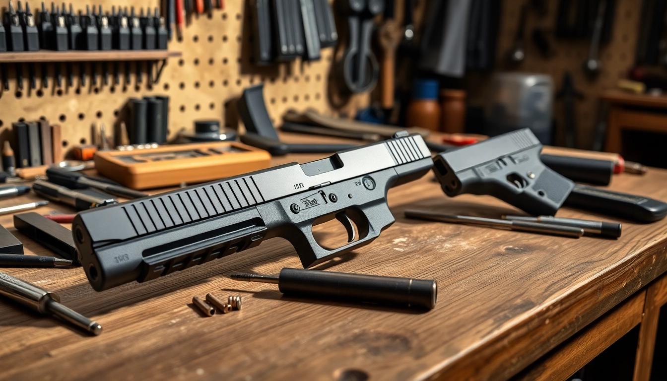 Detailing the glock 48 complete slide on a workbench, showcasing its precision and quality.