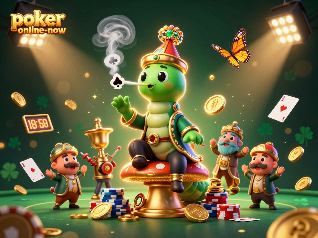 Engage with poker-online-now as a caterpillar master creates poker hand symbols amidst golden coins.