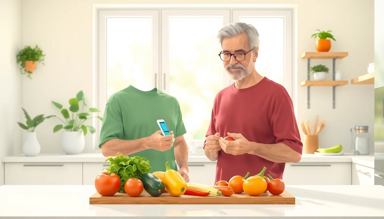 Patient engaged in Diabetes Management by checking blood sugar while preparing healthy food.