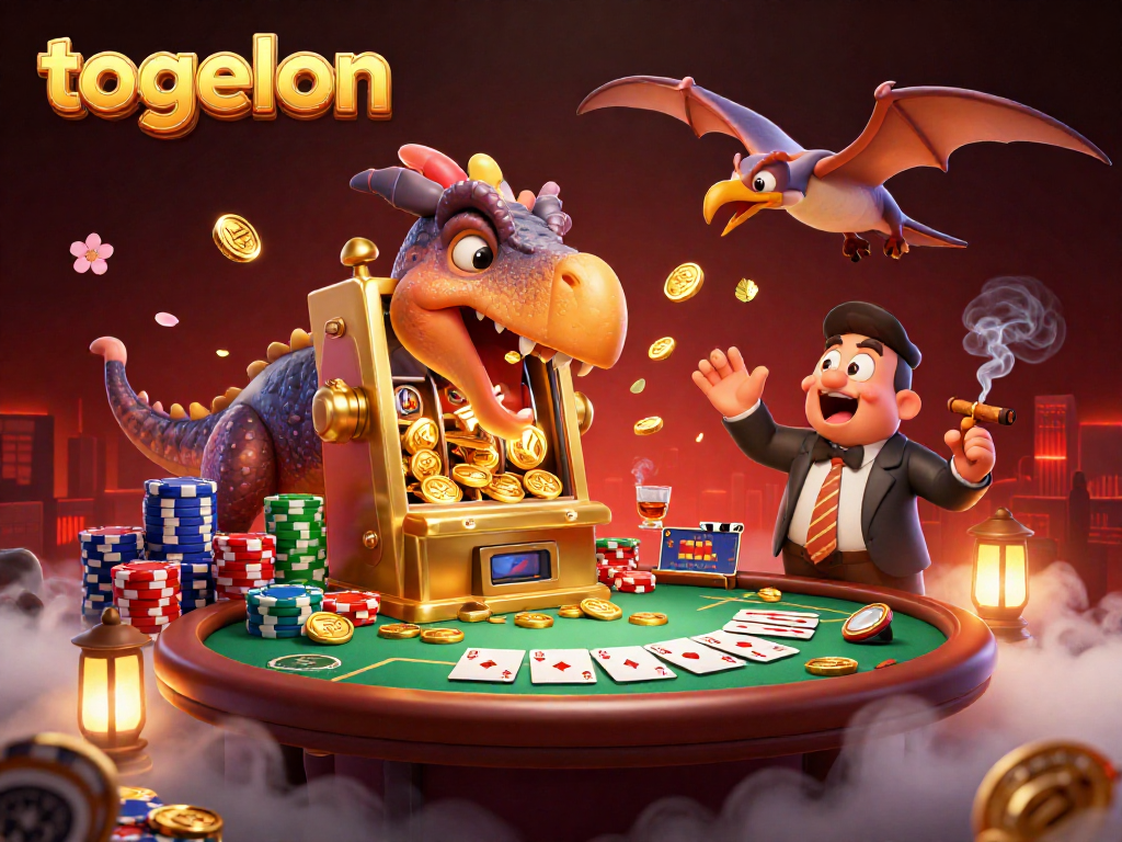 Engage in thrilling gameplay at togelon as colorful coins rain down from a slot machine and a pteranodon swoops in.
