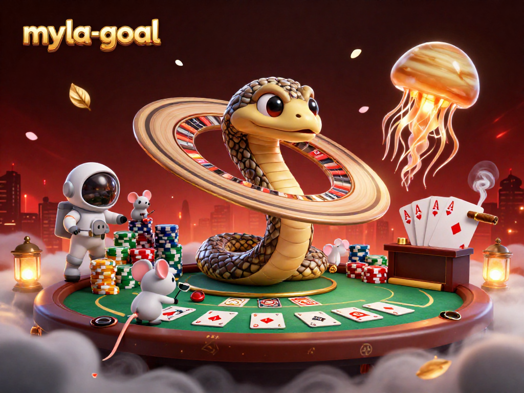 Engage in thrilling bets with myla-goal at a cosmic casino showdown featuring colorful characters.