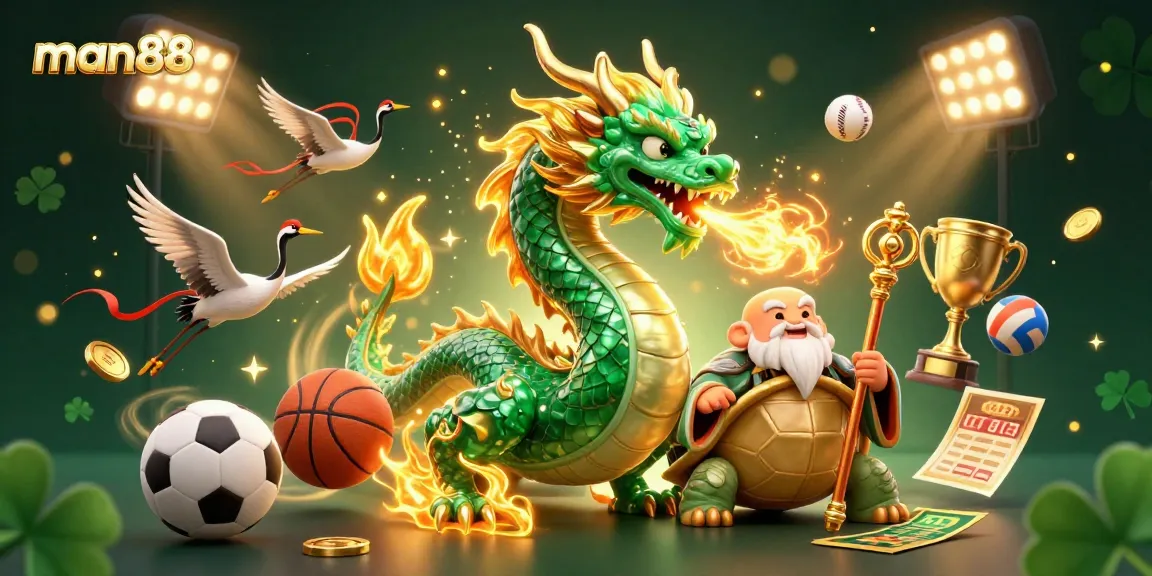 Experience thrilling betting action with man88 as the jade dragon and characters engage in a lively sports scene.