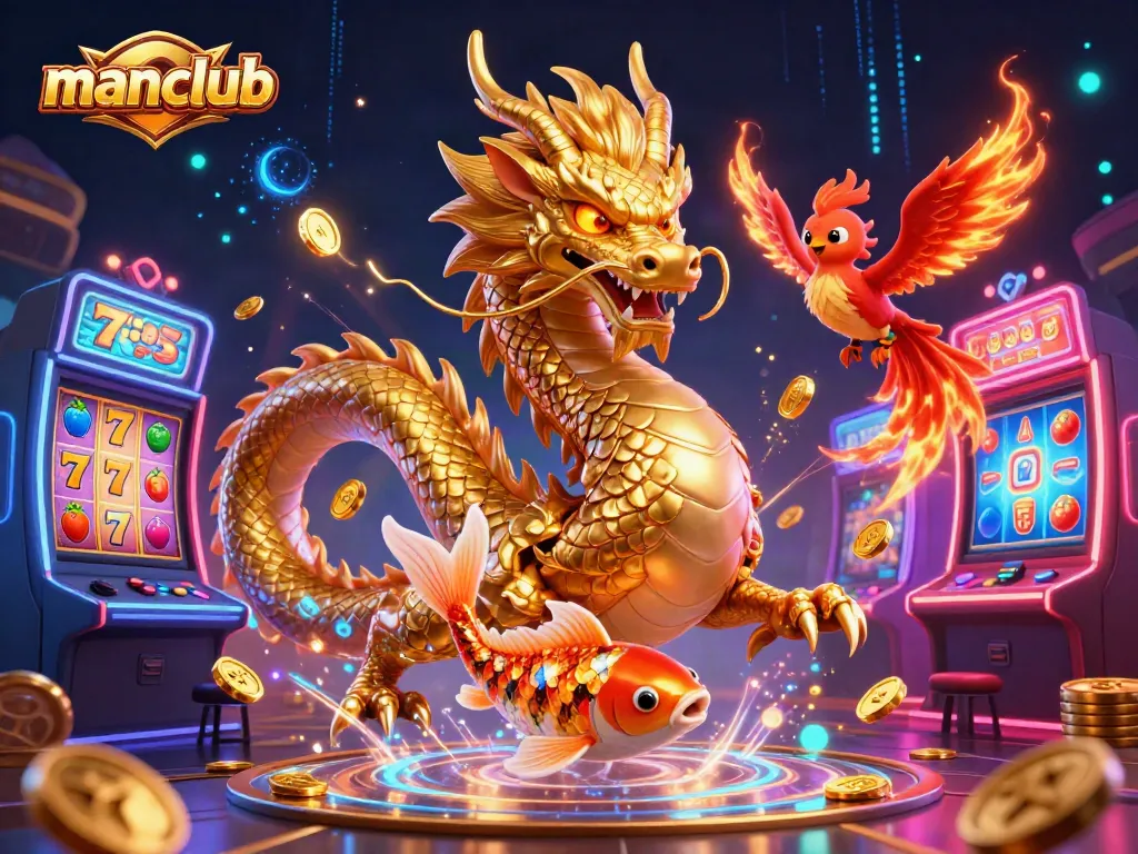 Experience the excitement of manclub with a vibrant casino-themed illustration featuring a dragon, phoenix, and koi.