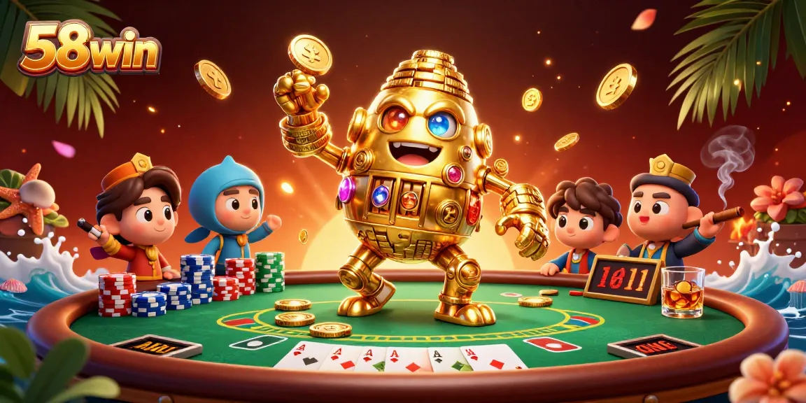 Engage with 58win's animated golden golem surrounded by poker elements in a dazzling casino scene.