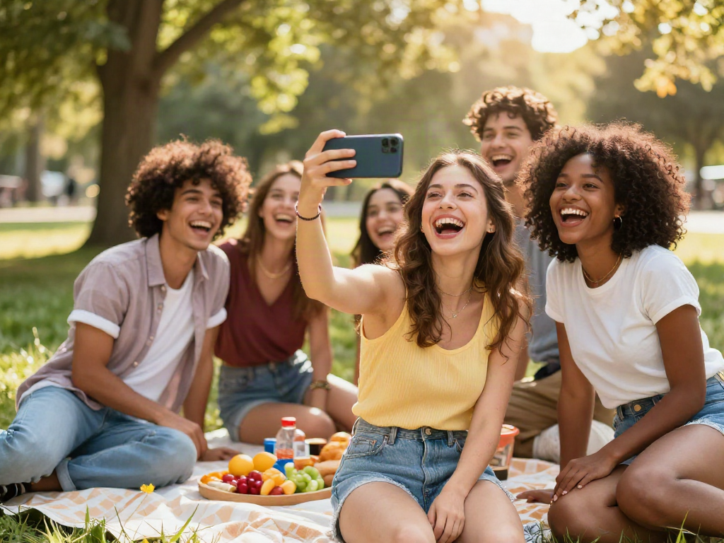 Group of friends using a facial recognition app to find out how old do I look while enjoying a picnic outdoors.