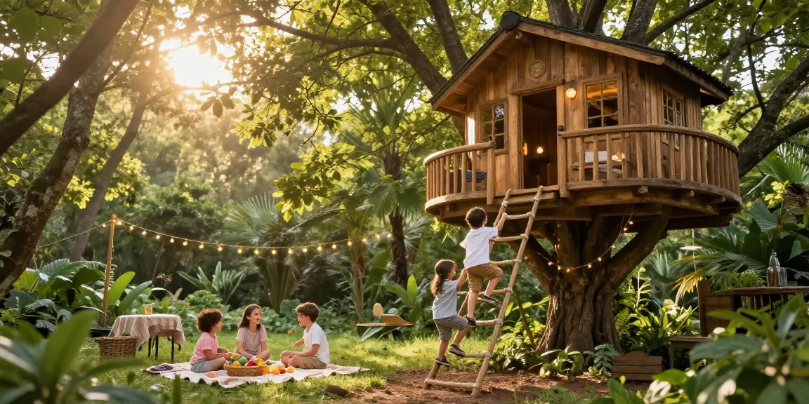 Family enjoying treehouses with kids climbing and picnic set in tranquil forest.