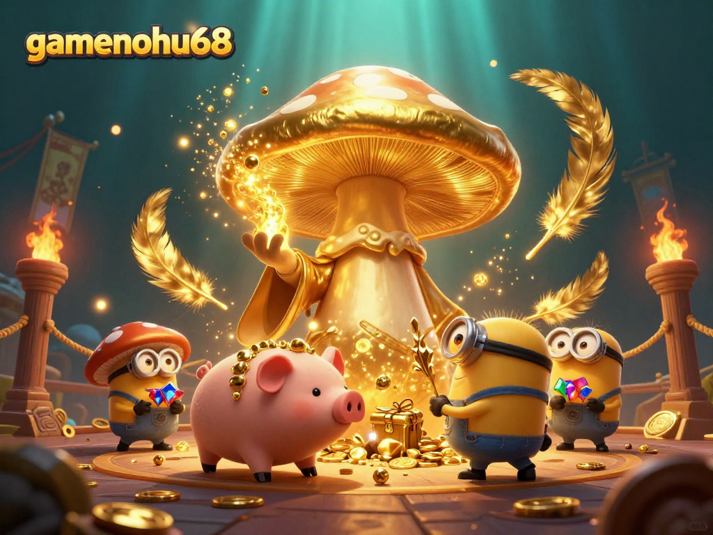 Experience the magic of gamenohu68 with a golden mushroom wizard and treasure-finding adventure in this vibrant casino scene.