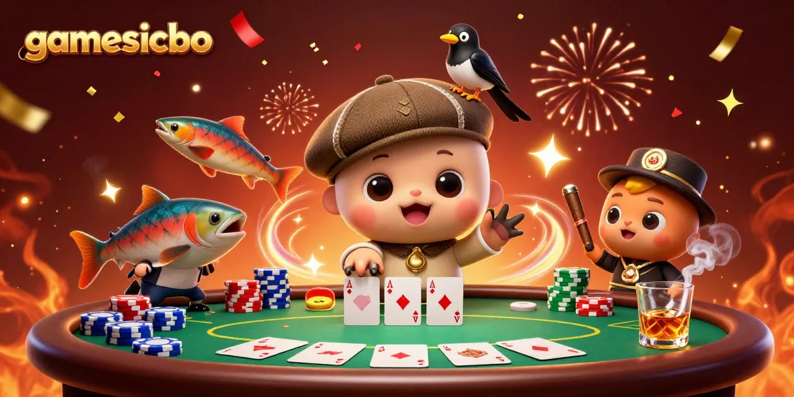 Engage with gamesicbo at this vibrant 3D casino scene featuring playful characters and poker elements.