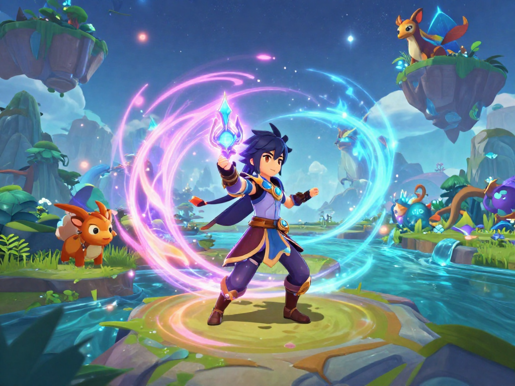 Transforming avatar in vibrant digital landscape of transformation porn games, surrounded by mythical creatures and glowing effects.