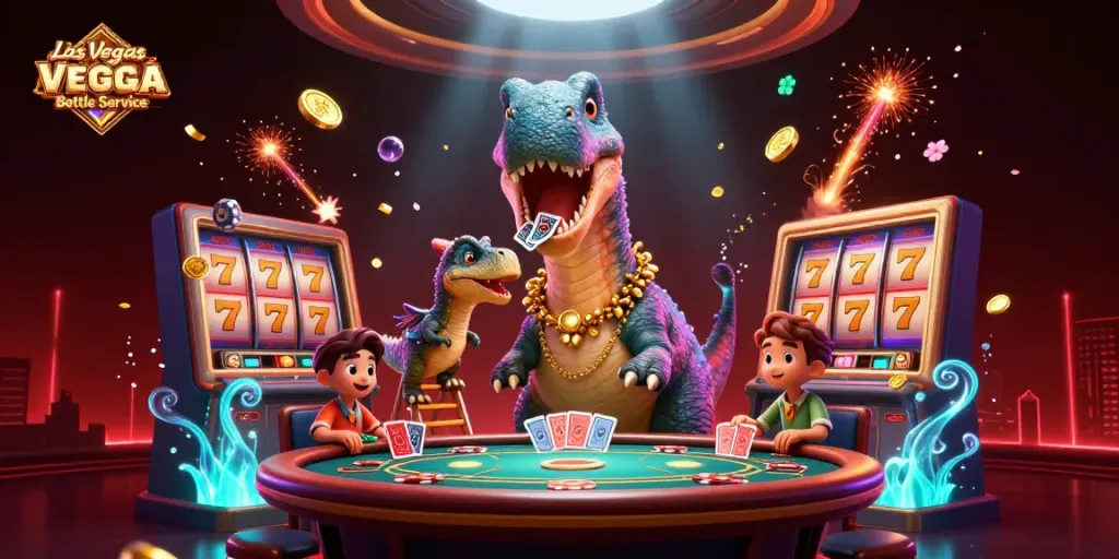 Experience Las Vegas Bottle Service with spectacular 3D illustrations showing vibrant casino elements and characters.