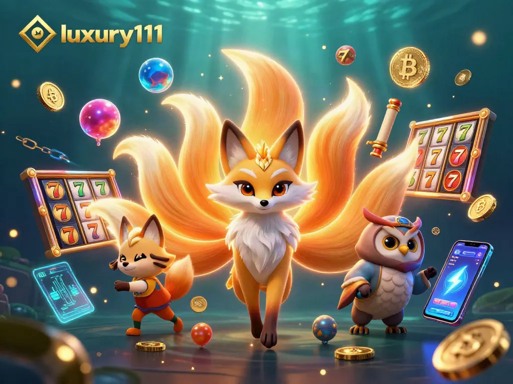 Experience thrilling slots action at luxury111 with vibrant animated characters, slot reels, and crypto elements.