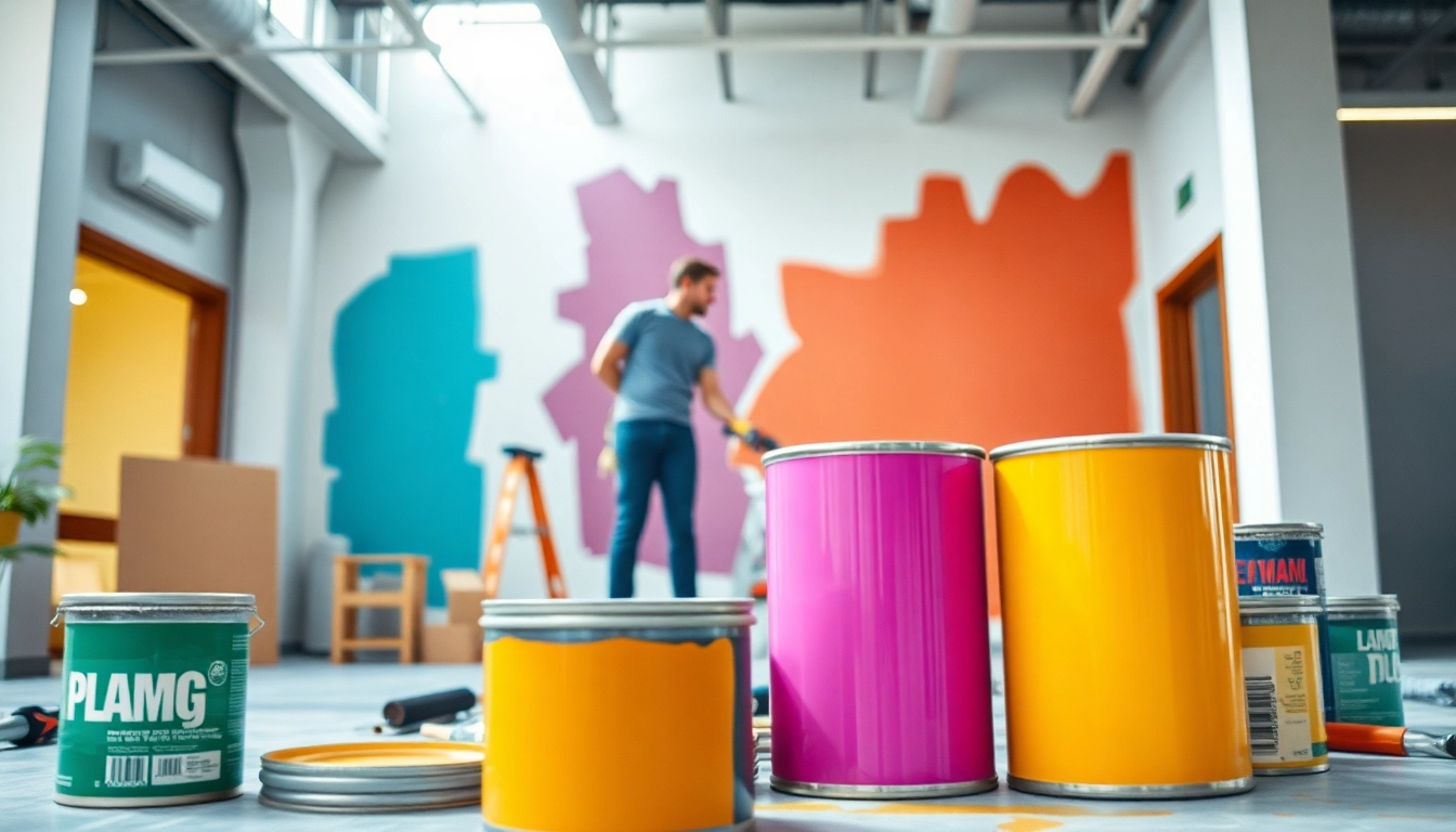 Skilled commercial painter painting a modern office space with bright colors.