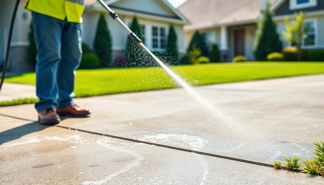 Driveway cleaning with a pressure washer on a concrete surface, showcasing a pristine finish.