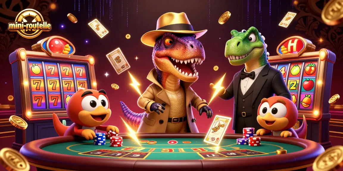 Experience exciting mini-roulette action with a velociraptor card counter and vibrant casino elements.