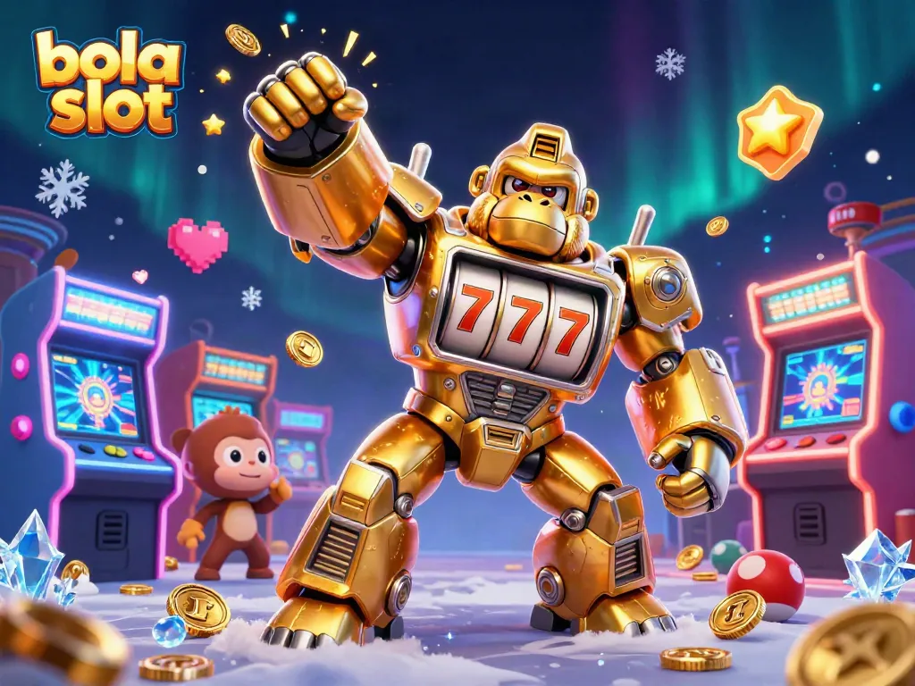 Engage with bola slot in this vibrant 3D illustration featuring a golden gorilla mech and dynamic gaming elements.
