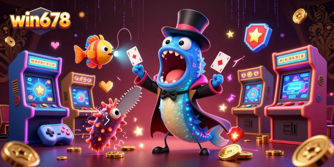 Win678 highlights an exhilarating casino scene with unique characters, vibrant game elements, and magical charm.