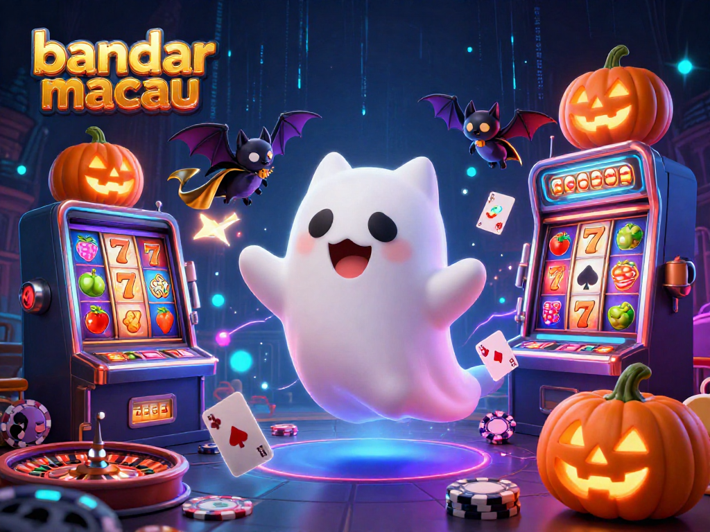 Experience excitement with bandar toto macau visuals featuring a ghost cat, vampire bat, and glowing poker elements.