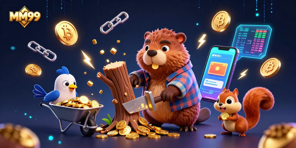 Experience the thrill of MM99 with cartoon characters in a vibrant casino scene collecting coins.