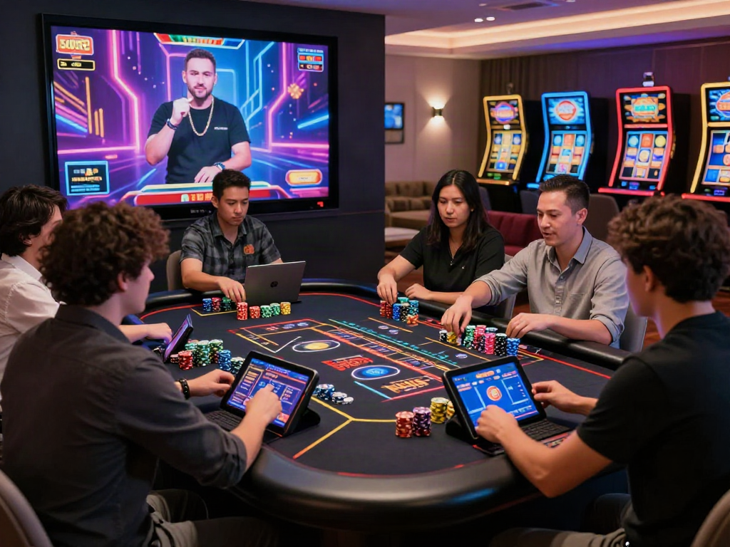 Players engaging in rutanslot gaming at a lively virtual casino setup.