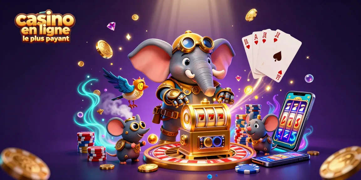 Illustration captivante du "casino en ligne le plus payant" avec un éléphant ingénieur et des machines à sous dorées.